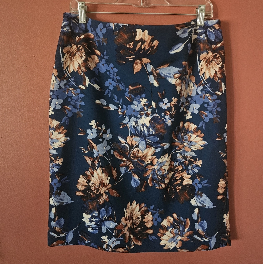 Floral Skirt - Navy Blue & Tan - Fully Lined